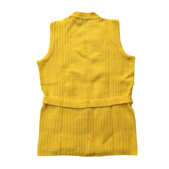 Vintage 1960s Bright Yellow Sleeveless Belted Knit Cardigan Sweater Vest Pockets - Picture 7 of 11